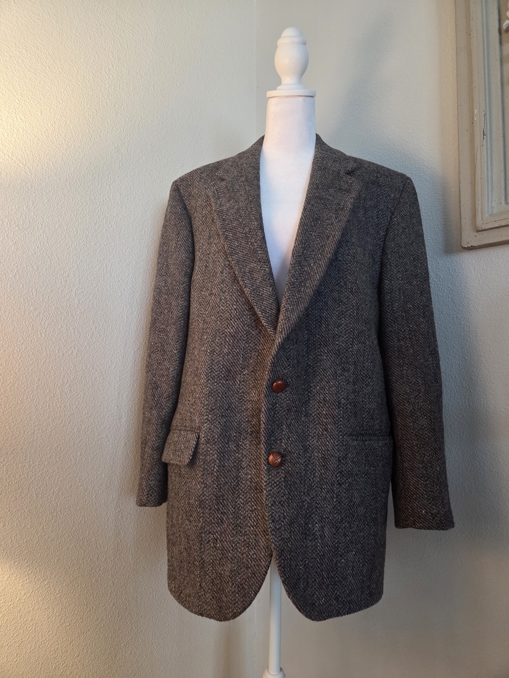 Vintage Harris Tweed Sport Coat 42L Brown Herringbone Wool Blazer